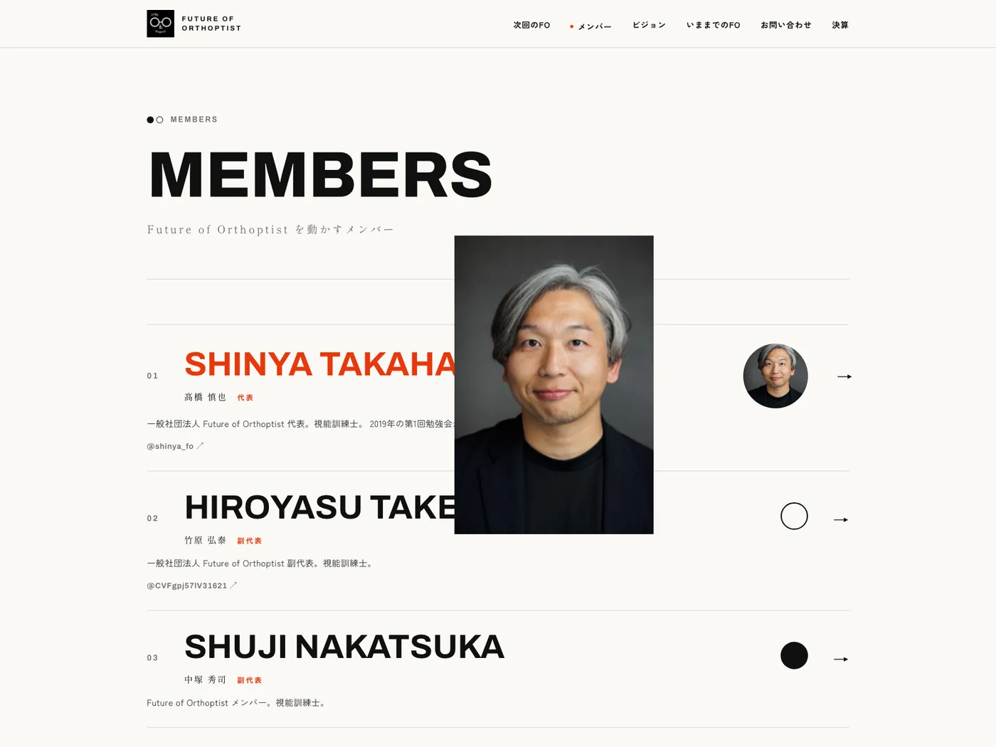 MEMBERS ページ。行にカーソルを載せると、名前が朱色に変わり、元の写真が大きく現れてカーソルを追いかける